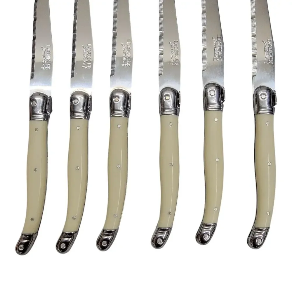 Laguiole Jean Dubost France Steak Knives Set of 6 Ivory Cream Handles Wood Block